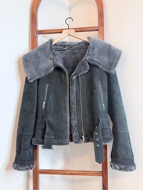 Flemington Furs Spanish Merino Shearling Leather Moto Jacket Charcoal Gray 40
